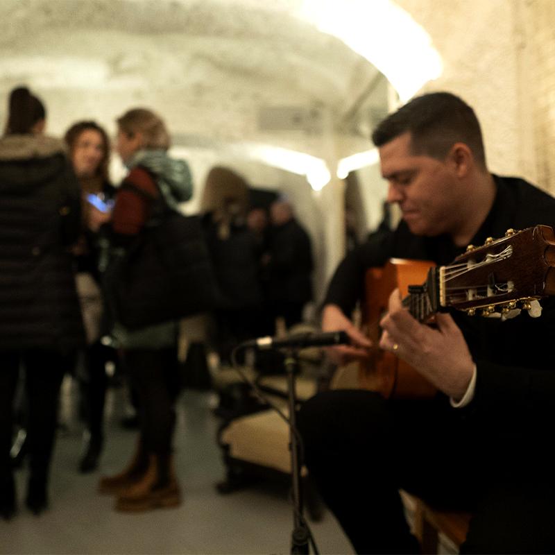 Artistas de flamenco actuando en cueva del Sacromonte durante celebración de boda en El Camborio